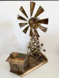 Vtg Metal Windmill Music Wind Up Chinese Craftsmen Farm Western Country Decor - Picture 1 of 18