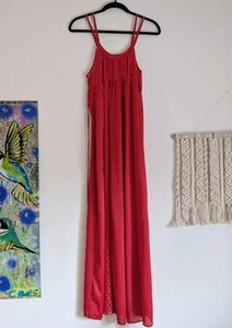 Vintage Undercover Wear Long Red Nylon Lace Nightgown Maxi Lingerie Size Large - Picture 1 of 9