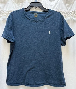Polo Ralph Lauren T-Shirt Herren L V-Ausschnitt blau meliert weiß Pony Kurzarm - Bild 1 von 4