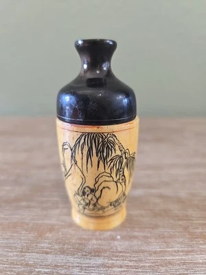 Antique Chinese Bone Scrimshaw Snuff Bottle No Stopper, 3" Signed, Detailed  - Image 1 of 4