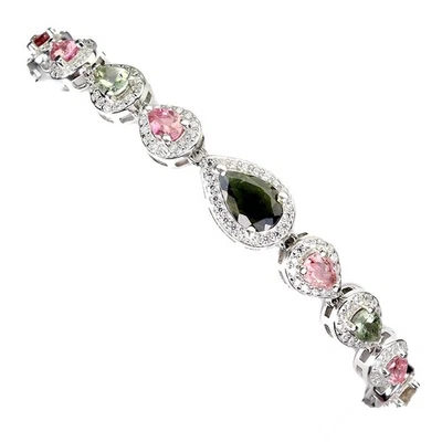 925 Sterling Silver Bracelet Pear Tourmaline 9x7mm Natural Gemstone Jewelry - Image 1 of 4