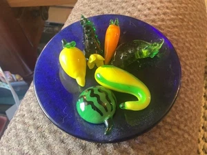 Vintage Blue Glass Decoritive Plate with Colorful Fruits &Vegetals on Top 3 1/2” - Picture 1 of 2