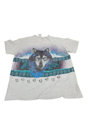 Vtg 90s Wolf Paw Prints T-Shirt 2-Sided All Over Wolves Aztec Pattern Logo Tee M - Image 1 of 4