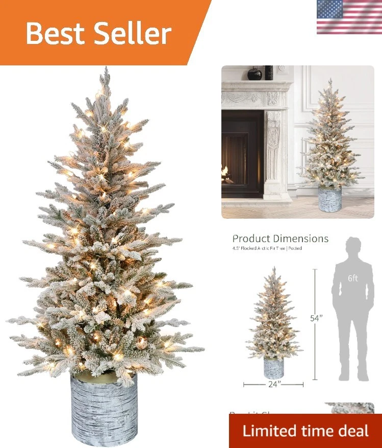 Puleo International 4.5 Foot Pre-lit Potted Flocked Arctic Fir Artificial Tree