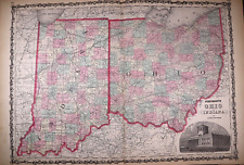 1862 Map ~ OHIO - INDIANA ~ Authentic Johnson Atlas Map (18x26) Free S&H -#011