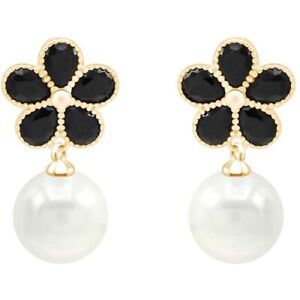Black Diamond W/ Simulated Shell Pearl Drop Flower Earrings 14K Yellow Gold Over