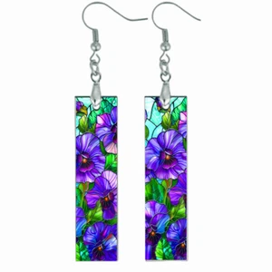 Purple Pansies Bar Earrings Dangle Wood Spring Flowers Faux Stained Glass Art - Picture 1 of 4