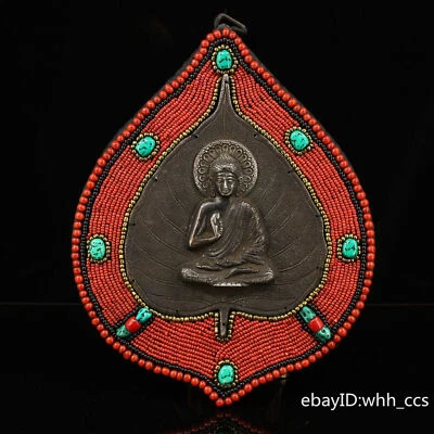 11,6» Китай Тибет старый ручной работы плетение инкрустация драгоценных камней Shakyamuni Будда амулет - Изображение 1 из 4