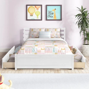 Full Size Wood Platform Bed Frame with 4 Storage Drawers and Headboard Clearance - Picture 1 of 10
