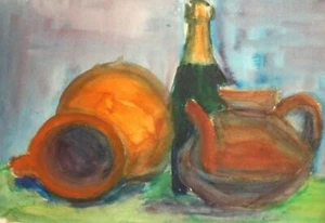 Pintura acuarela expresionista bodegón con tetera, botella y cafetera - Imagen 1 de 12