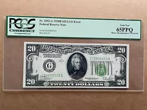 1928B $20 Federal Reserve Note Fr#2052-G PCGS65PPQ LGS&ERROR G19800003A - Picture 1 of 2