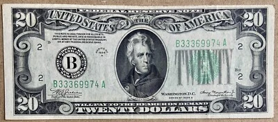 1934 A Series $20.00 Bill Federal Reserve Note Collectors Almost Uncirculated - Image 1 of 3