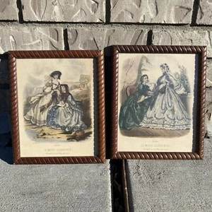 Antike La Mode Illustree Holzrahmen Französische Damenmode Drucke 2er Set - Bild 1 von 11