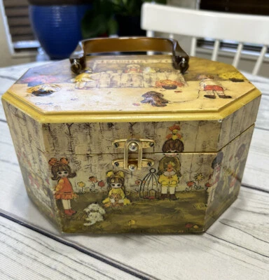 Vintage Wooden Purse Handbag 3D Decoupage Lucite Handle Candi Children Dog - Image 1 of 4