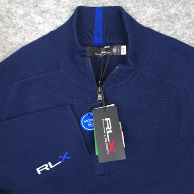 RLX Ralph Lauren 毛衣男式大号海军蓝高尔夫 25 美分拉链 Coolmax 羊毛混纺全新带标签 — 第 1/4 张图片