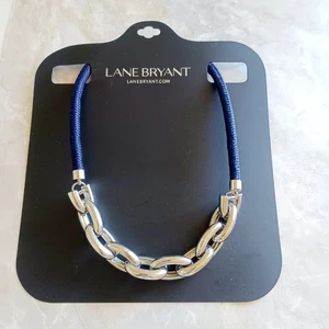 Lane Bryant Chunky Silver Tone Modern Chain Link Necklace On Navy Blue Cord New! - Picture 1 of 3