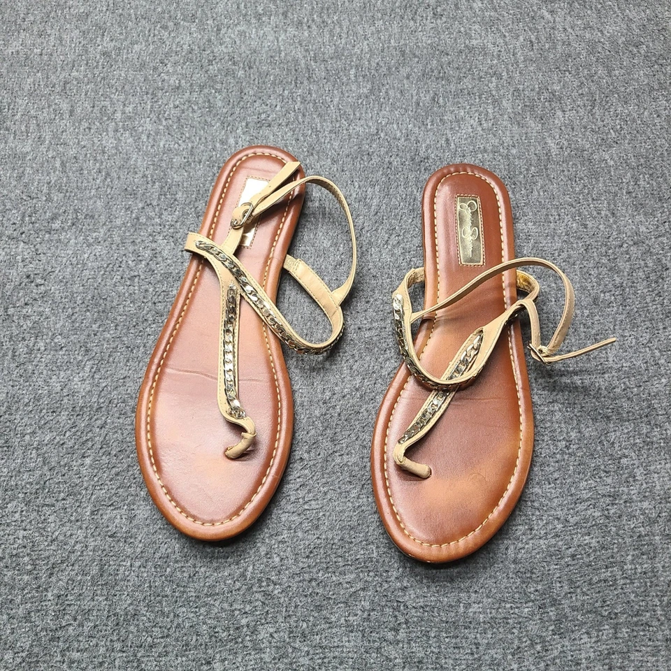 Sandalias de Tanga Jessica Simpson Adornadas Dorado Tostado Cadena Correas Mujer Talla 38 Foto 1 de 4