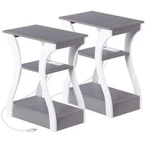 2X 3 Tier End Side Table For Living Room Bedroom with Outlets & USB Ports Gray - Picture 1 of 22