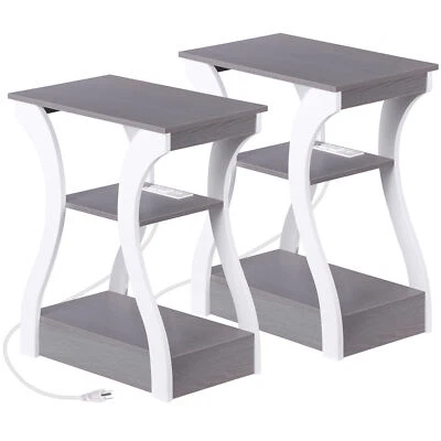 2X 3 Tier End Side Table For Living Room Bedroom with Outlets & USB Ports Gray - Image 1 of 4