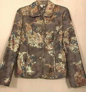 Chico's Foil Embroidered Cropped Jacket Blue Gray Gold Size 0 (Small) EUC - Picture 1 of 11