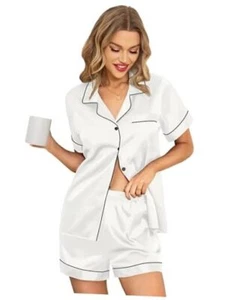 Silk Pajamas For Women Button Down Pajamas Satin PJ Set Soft Small White - Picture 1 of 6