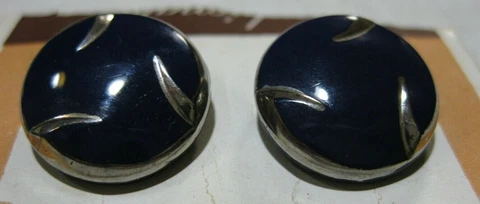 2 Glass Buttons Cobalt Blue W Silver Design Vintage Set Cover