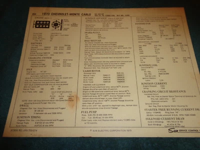 1970 CHEVROLET MONTE CARLO 400 V-8 ENGINE SUN TUNE-UP CHART / 4BBL / 265HP - Image 1 of 2