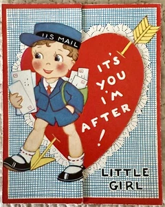 Vintage Valentine Boy US Mail Mailman I’m After You Grußkarte 1930er 1940er - Bild 1 von 3