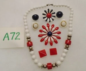 Vintage ENAMEL FLOWER PIN BROOCH COLORED & NECKLACE Earrings RED WHITE BLACK A72 - Picture 1 of 1