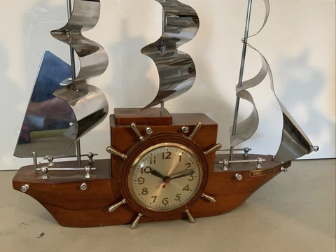 WORKS! Vintage Wood Nautical Sailing Boat Ship Electric Clock sessions Cover