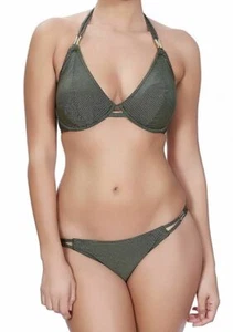 Freya Glam Rock Bikini Set 38C 16 18 Halter Neck Top Tanga Brief Green Gold Bra - Picture 1 of 12