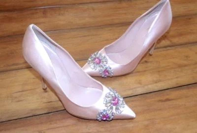 KATE SPADE ~ New! Woman's 5 1/2 5.5 ~ Ballet Pink CRYSTAL JEWEL SILK Heels Shoes - Image 1 of 4