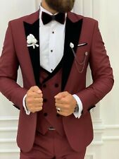 Men's Designer Maroon Tuxedo Velvet 3 Piece Slim Fit Suit For Groom and Wedding