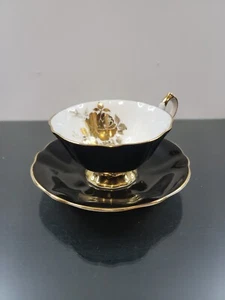 Queen Anne schwarze Teetasse und Untertasse schweres Gold Roséknochen China Muster 300 - Bild 1 von 8