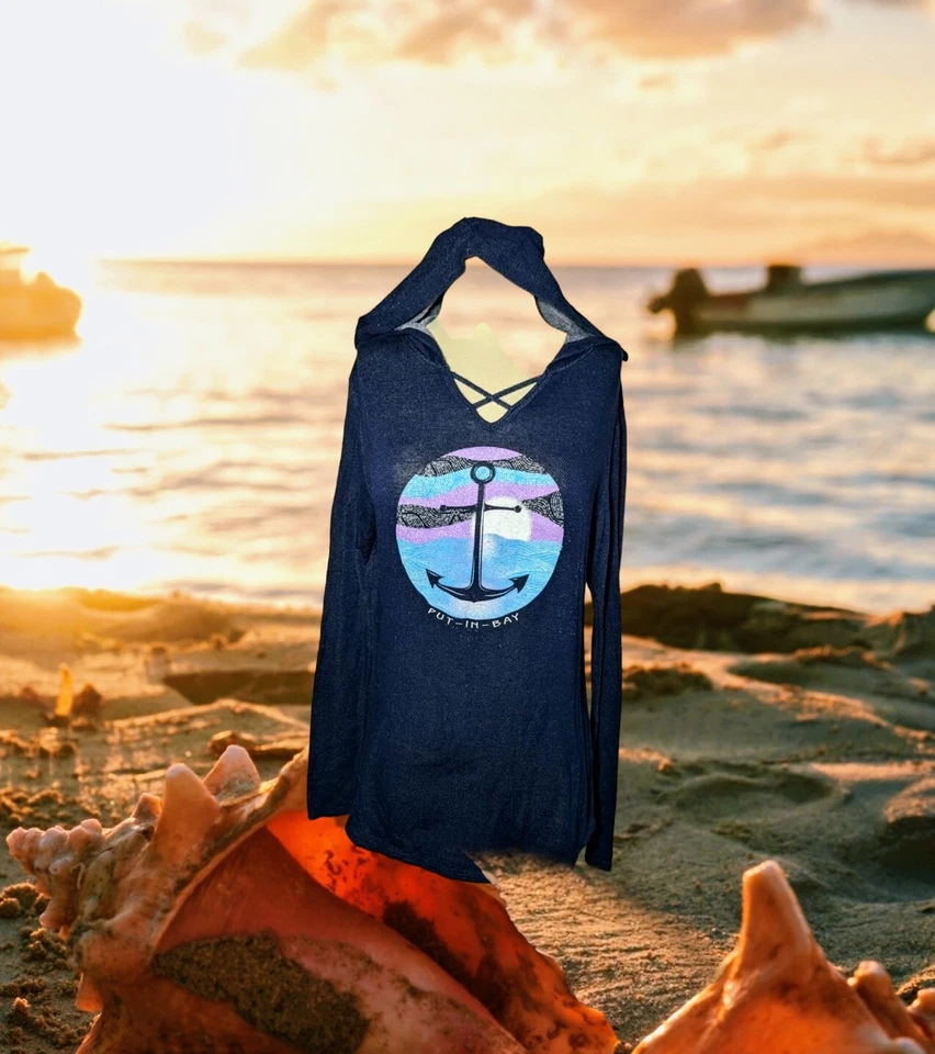 AZUL 84 Pullover Sudadera con Capucha PUT IN BAY Ohio ANCHOR Mujer Talla Pequeña TERRY POLAR Nuevo Foto 1 de 4