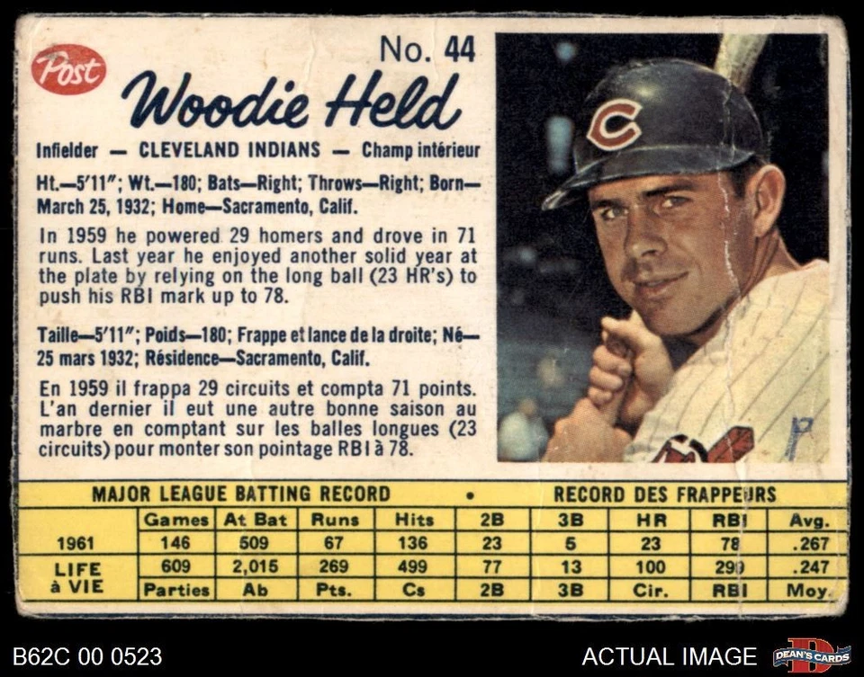 1962 Post Canadian #44 Woodie Held Indians 1 - POOR - Image 1 of 1