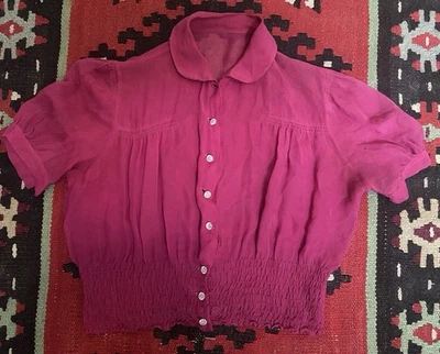 1930-40s Maroon  Sheer Chiffon Blouse With Clear Faceted Plastic Buttons - Image 1 of 4