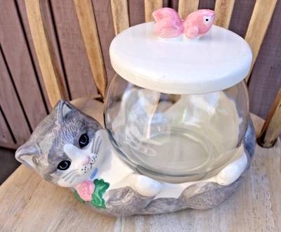 Vintage Treasure Craft Gray Cat w/ Fish Bowl Cookie Jar - 1970's MCM Cat Jar - Image 1 of 4
