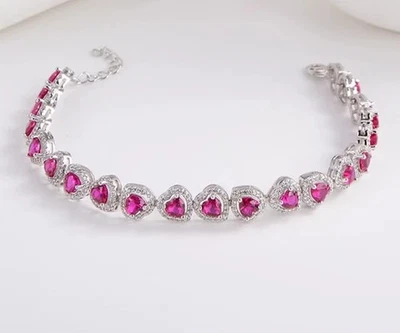 14Ct Heart Cut Lab Created Pink Ruby Halo Womens Tennis Bracelet 14K Gold Plated - Image 1 of 4