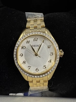 Seiko Women's Essential Crystal Bezel Gold Stainless Steel Watch -  SUR394 NIB! - Image 1 of 4
