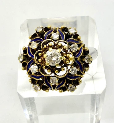 Antiguo anillo de oro amarillo de 14k con diamantes naturales y esmalte azul con evaluación de tarjetas 5 Foto 1 de 4