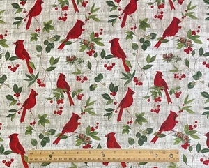 Fabric Christmas Red Cardinals Music Note Paper Background 100% Cotton Quilt 3/4 - Picture 1 of 2