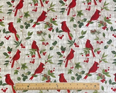 Fabric Christmas Red Cardinals Music Note Paper Background 100% Cotton Quilt 3/4 - Image 1 of 2