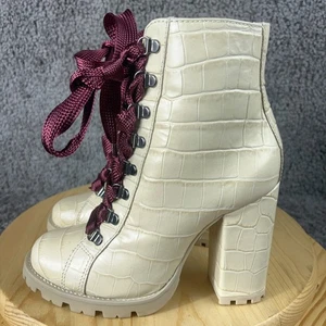 Schutz Boots Zara High Women Size 7.5 Leather Egg Shell Crocodile Print Platform - Picture 1 of 9