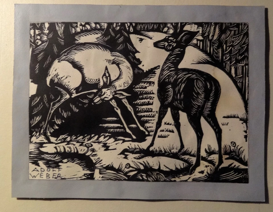 Adolf Weber-Scheld: Rehe - Original Holzschnitt - Bild 1 von 4