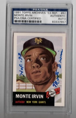1953 Topps Monte Irvin, 1991 RP, PSA/DNA autographed signed auto #62, NY Giants - Image 1 of 2