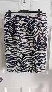Jeager Navy White Print Pencil Skirt Buttons Silk Linen Blend Size 16 - Picture 1 of 10