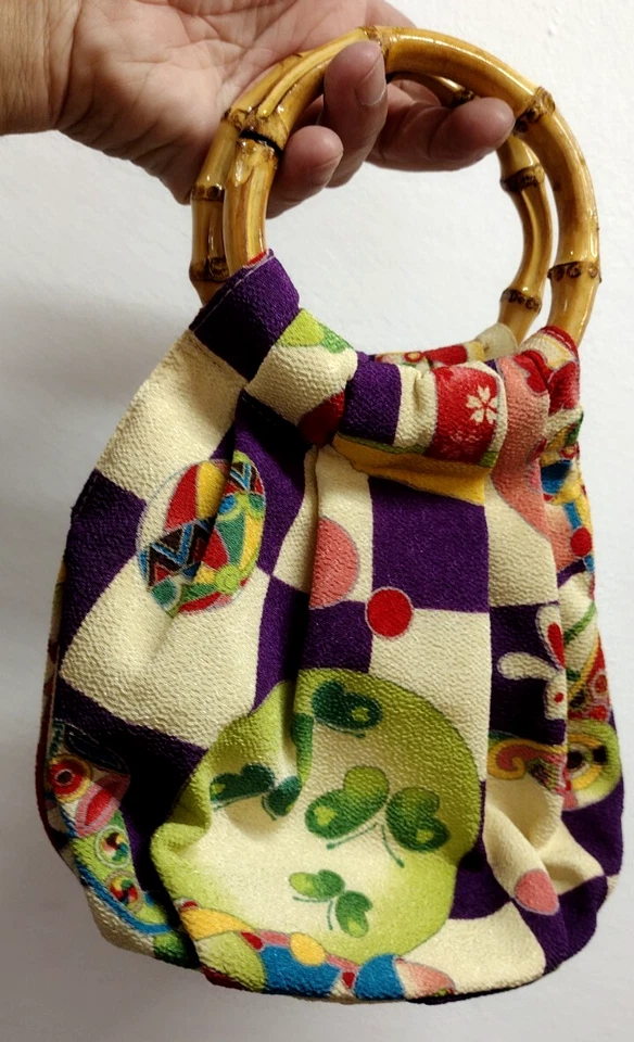 Vtg 90s Kimono Fabric Purse Rabbit & Butterfly Handmade Bamboo Man made Handles - Image 1 of 4
