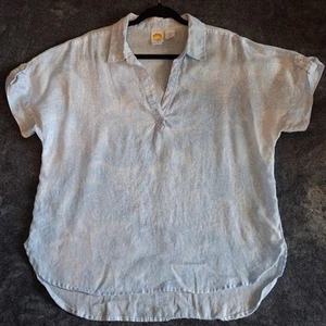 C & C California 100% Linen Pop Over Blouse Womans L Blue White Shell Swirl ... - Picture 1 of 10