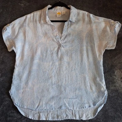 C & C California 100% Linen Pop Over Blouse Womans L Blue White Shell Swirl ... - Image 1 of 4